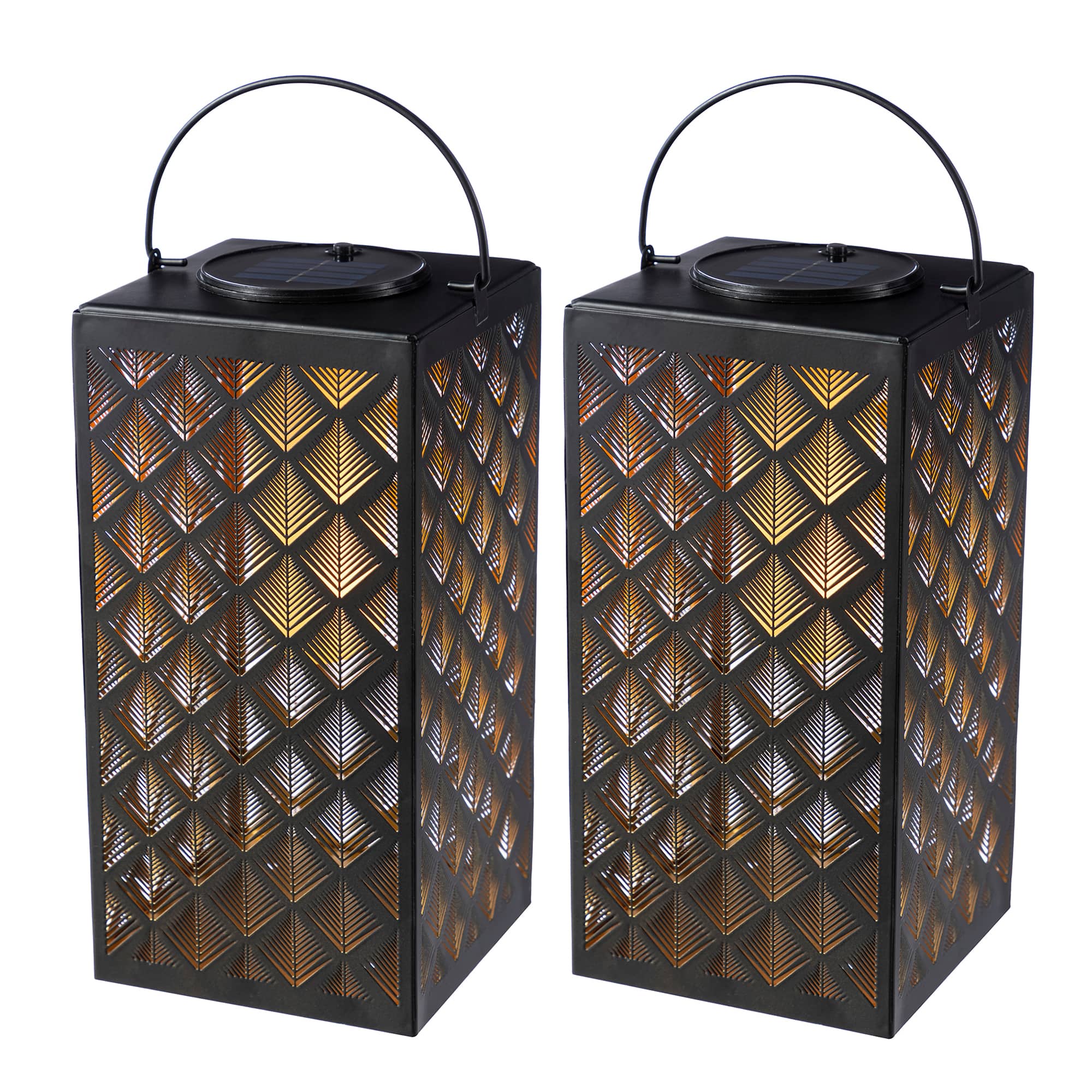 Glitzhome® 11" Set of 2 LED Black Square Textured Glass Solar Powered Hanging Lantern